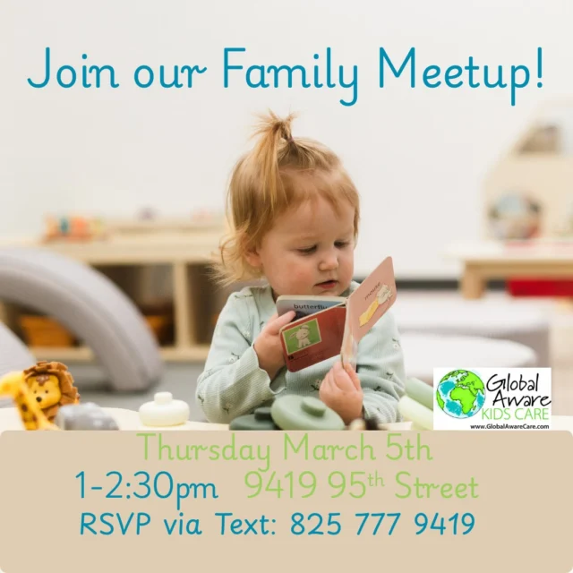 Global Aware Care is all about creating and nurturing community in and through our four Edmonton Centres.  We love to be part of neighbourhoods where families come together to have fun and support one another and that's what we hope to create at our newest Connors Hill Centre.  If you have children under age 5 and live in Bonnie Doon, Strathearn, Forest Heights, Holyrood, King Edward Park or Ottewell, come to our casual, free, fun family meetup to connect with other parents and kids.  Text 825 777 9419 to let us know that you're coming and to let us know any questions that you have.  All are welcome, you don't need to be part of a Global Aware Care Centre to attend.  Hope to see you soon! 
#yegparents #yegkids #edmontondaycare #yegpreschool #yegchildcare