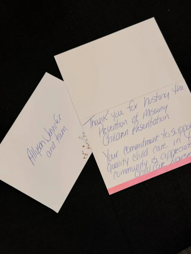 Thank you for the lovely card, licensing officers🙏🏽

Today, we host Prevention of Missing Children in Child Care at Lewis Farms Global Aware Kids Care (Thank you to West Meadows Baptist Church) 

This workshop covered 

Definition and review of critical incidents involving missing children.
Analysis of occurrence rates and high-risk situations.
Effective supervision practices and supervision non-compliance rates.
Tools and strategies to enhance child safety in your programs.

Thank you all for joining tonight 💝
 
#childcareconnect #alberta #educator #daycareworkshops #yeg